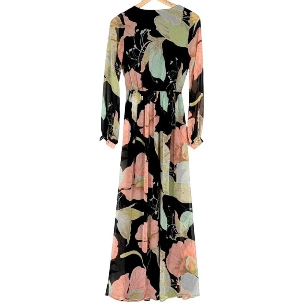 Lulus Black Floral Chiffon Water Lily Maxi Dress Old Hollywood Glam Whimsigoth S